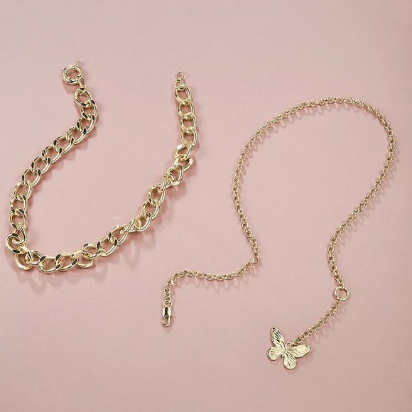 Double Chain Gold Butterfly Necklace Set - Picture 3 of 5